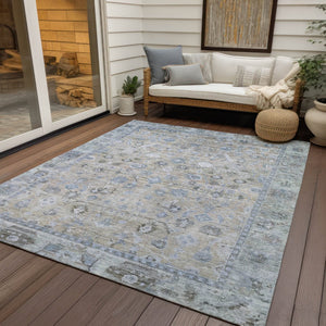 HomeRoots 9' X 12' Elegant Beige Blue Ivory Washable Oriental Area Rug for Indoor & Outdoor Use, Durable Design 620501