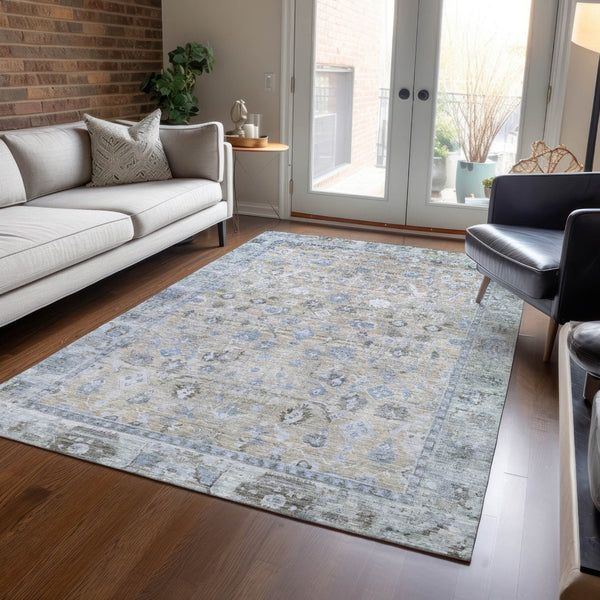 HomeRoots 9' X 12' Elegant Beige Blue Ivory Washable Oriental Area Rug for Indoor & Outdoor Use, Durable Design 620501