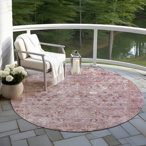 HomeRoots 8' Blush Pink and Ivory Round Oriental Washable Rug – Stylish Indoor/Outdoor Décor for High Traffic! 620505