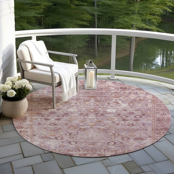 HomeRoots 8' Blush Pink and Ivory Round Oriental Washable Rug – Stylish Indoor/Outdoor Décor for High Traffic! 620505