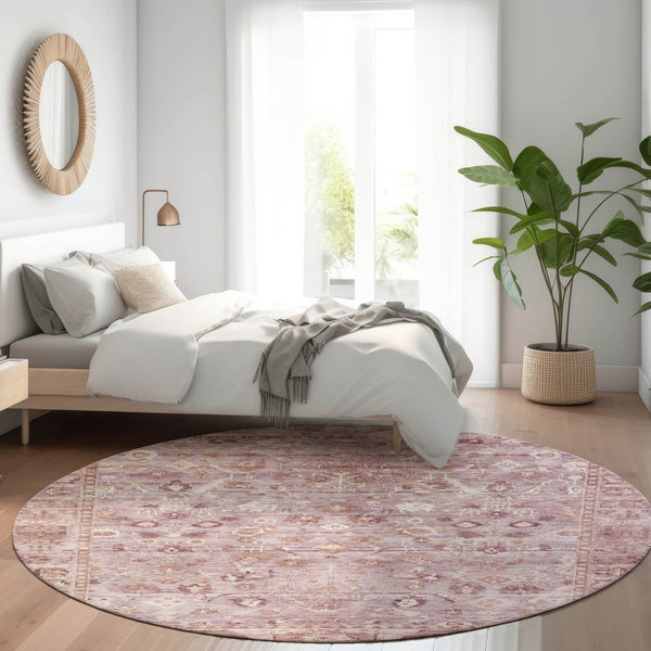 HomeRoots 8' Blush Pink and Ivory Round Oriental Washable Rug – Stylish Indoor/Outdoor Décor for High Traffic! 620505