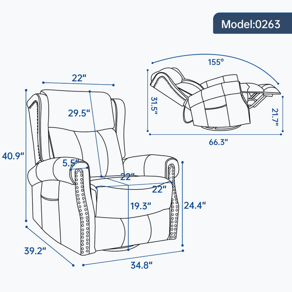 English Elm Heat Massage Rocker Recliner Genuine Leather Swivel Chair with Lumbar Vibration Nodes W3224S00016