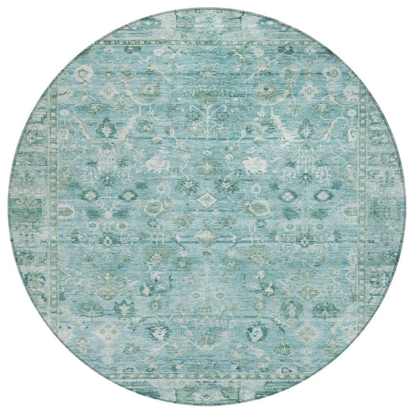 HomeRoots 8' Blue Gray and Ivory Round Oriental Rug – Washable, Durable Design for Indoor/Outdoor Spaces! 620511