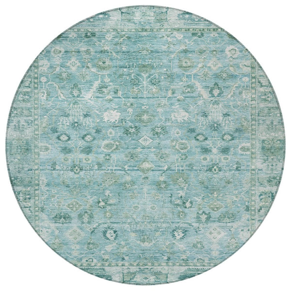 HomeRoots 8' Blue Gray and Ivory Round Oriental Rug – Washable, Durable Design for Indoor/Outdoor Spaces! 620511