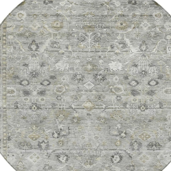 HomeRoots 8' Round Oriental Area Rug in Pewter Beige & Ivory – Washable, Durable Design for Indoor/Outdoor Use 620517