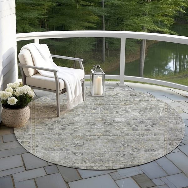 HomeRoots 8' Round Oriental Area Rug in Pewter Beige & Ivory – Washable, Durable Design for Indoor/Outdoor Use 620517