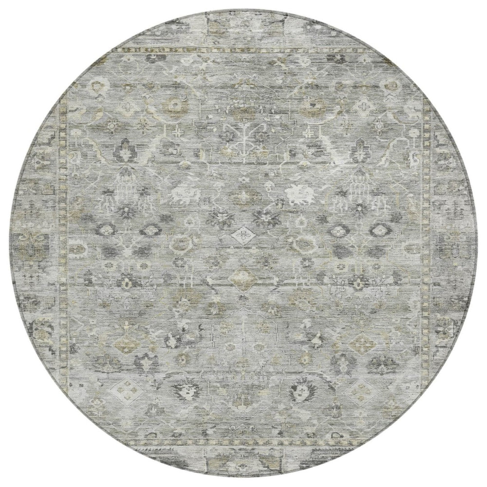 HomeRoots 8' Round Oriental Area Rug in Pewter Beige & Ivory – Washable, Durable Design for Indoor/Outdoor Use 620517