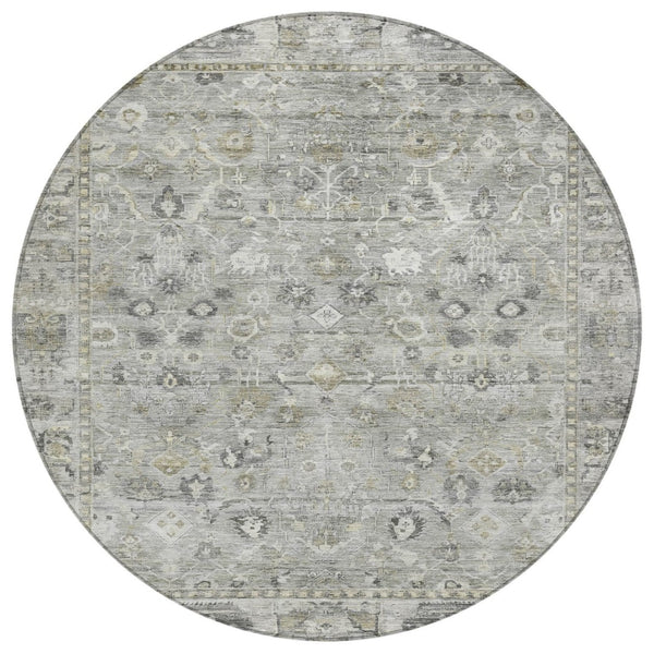 HomeRoots 8' Round Oriental Area Rug in Pewter Beige & Ivory – Washable, Durable Design for Indoor/Outdoor Use 620517