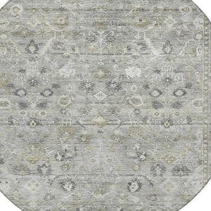 HomeRoots 8' Round Oriental Area Rug in Pewter Beige & Ivory – Washable, Durable Design for Indoor/Outdoor Use 620517