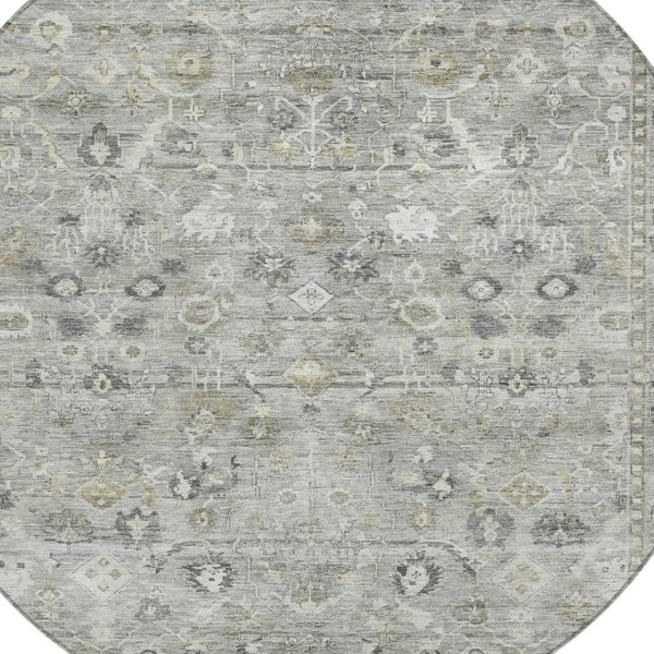 HomeRoots 8' Round Oriental Area Rug in Pewter Beige & Ivory – Washable, Durable Design for Indoor/Outdoor Use 620517
