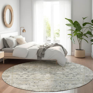 HomeRoots 8' Round Oriental Area Rug in Pewter Beige & Ivory – Washable, Durable Design for Indoor/Outdoor Use 620517