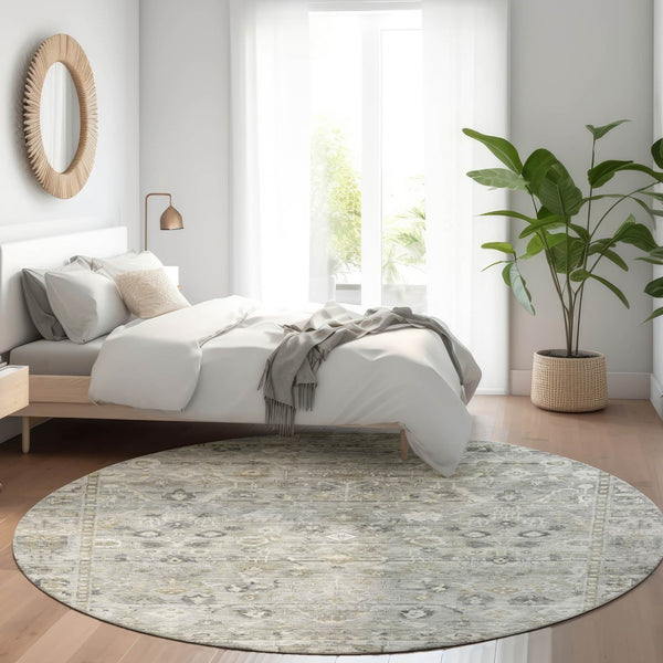 HomeRoots 8' Round Oriental Area Rug in Pewter Beige & Ivory – Washable, Durable Design for Indoor/Outdoor Use 620517