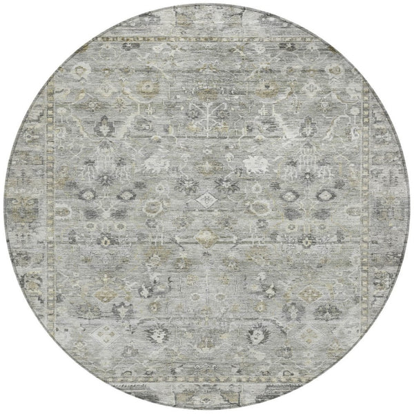 HomeRoots 8' Round Oriental Area Rug in Pewter Beige & Ivory – Washable, Durable Design for Indoor/Outdoor Use 620517