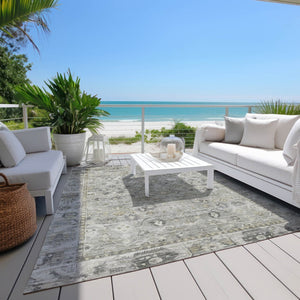 HomeRoots 9' Elegant Pewter Beige & Ivory Oriental Washable Area Rug for Indoor/Outdoor Versatility & Style 620519