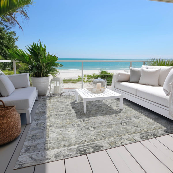 HomeRoots 9' Elegant Pewter Beige & Ivory Oriental Washable Area Rug for Indoor/Outdoor Versatility & Style 620519