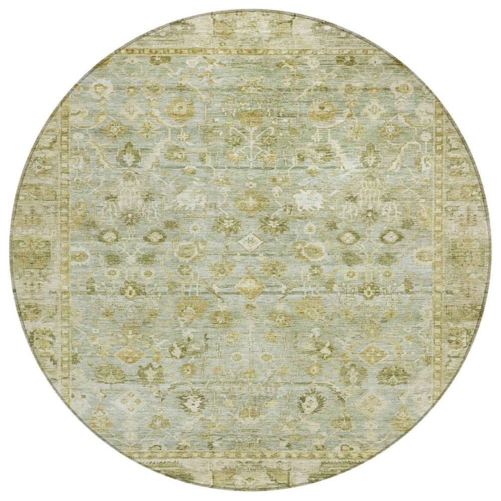 HomeRoots 8' Sage and Ivory Round Oriental Rug - Durable, Washable Design for Indoor & Outdoor Use, 96" Diameter 620523