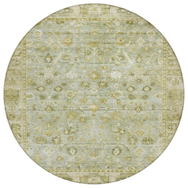 HomeRoots 8' Sage and Ivory Round Oriental Rug - Durable, Washable Design for Indoor & Outdoor Use, 96" Diameter 620523