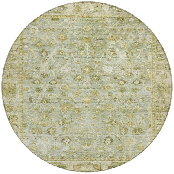 HomeRoots 8' Sage and Ivory Round Oriental Rug - Durable, Washable Design for Indoor & Outdoor Use, 96" Diameter 620523
