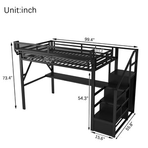 English Elm Twin Metal High Loft Bed with Staircase Storage Wardrobe for Kids and Teens W2580S00077