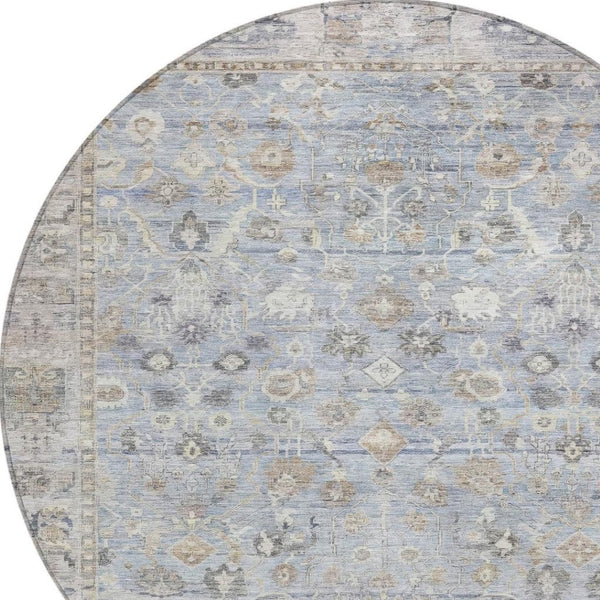 HomeRoots 8' Sky Blue Round Oriental Area Rug - Indoor/Outdoor Durable, Washable, Stain-Resistant Design 620535