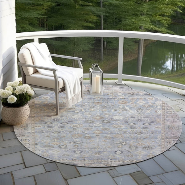 HomeRoots 8' Sky Blue Round Oriental Area Rug - Indoor/Outdoor Durable, Washable, Stain-Resistant Design 620535