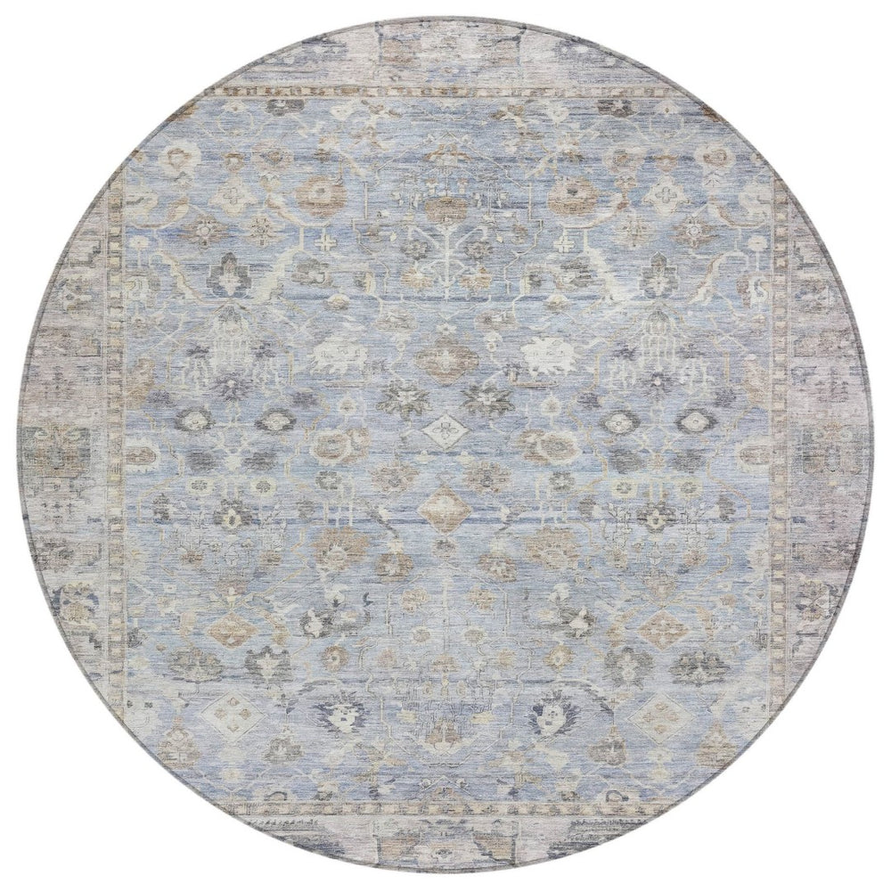 HomeRoots 8' Sky Blue Round Oriental Area Rug - Indoor/Outdoor Durable, Washable, Stain-Resistant Design 620535