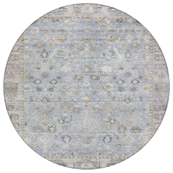 HomeRoots 8' Sky Blue Round Oriental Area Rug - Indoor/Outdoor Durable, Washable, Stain-Resistant Design 620535