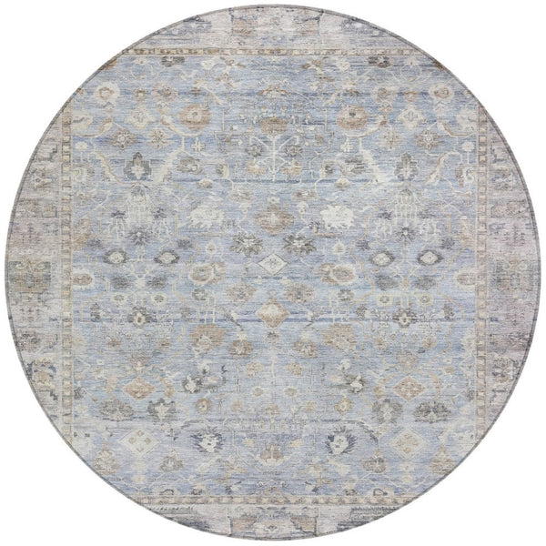 HomeRoots 8' Sky Blue Round Oriental Area Rug - Indoor/Outdoor Durable, Washable, Stain-Resistant Design 620535
