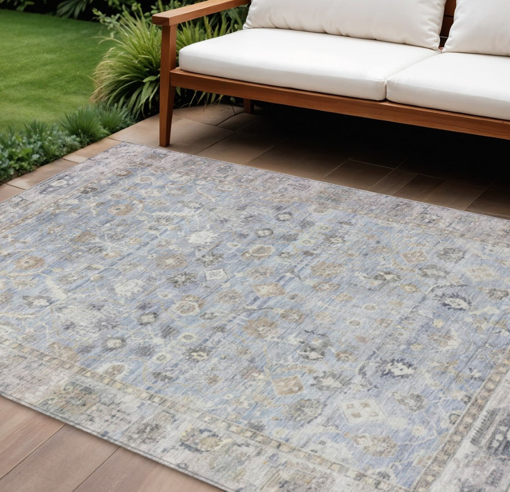 HomeRoots 8' X 10' Sky Blue Brown Ivory Oriental Indoor Outdoor Rug - Washable, Durable & Stylish for Any Space 620536