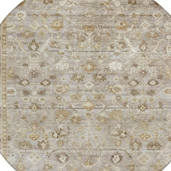 HomeRoots 8' Elegant Taupe Brown & Ivory Round Oriental Washable Rug for Indoor/Outdoor Spaces, Durable Design 620541