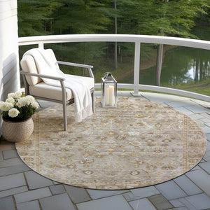 HomeRoots 8' Elegant Taupe Brown & Ivory Round Oriental Washable Rug for Indoor/Outdoor Spaces, Durable Design 620541