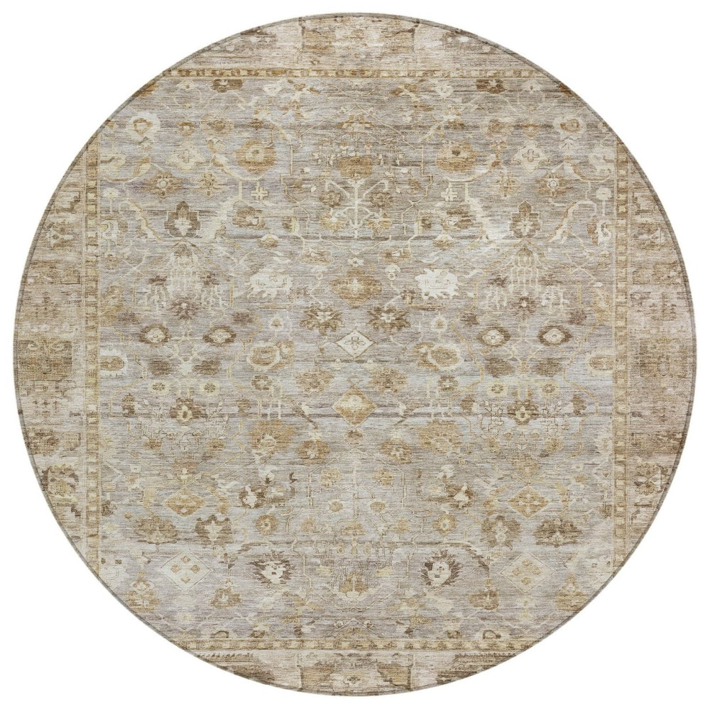 HomeRoots 8' Elegant Taupe Brown & Ivory Round Oriental Washable Rug for Indoor/Outdoor Spaces, Durable Design 620541