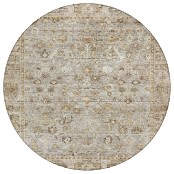 HomeRoots 8' Elegant Taupe Brown & Ivory Round Oriental Washable Rug for Indoor/Outdoor Spaces, Durable Design 620541