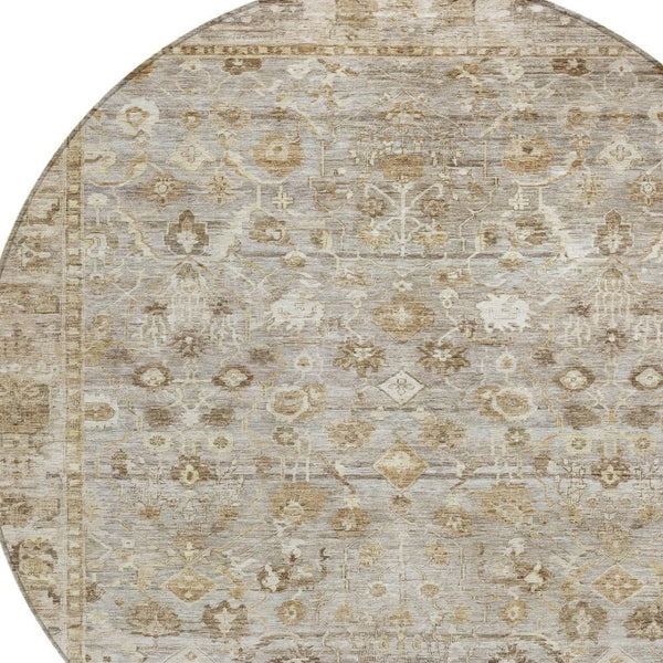 HomeRoots 8' Elegant Taupe Brown & Ivory Round Oriental Washable Rug for Indoor/Outdoor Spaces, Durable Design 620541