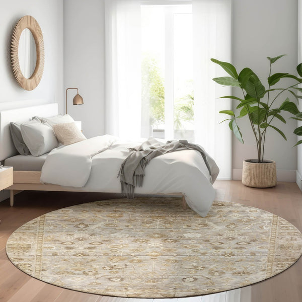 HomeRoots 8' Elegant Taupe Brown & Ivory Round Oriental Washable Rug for Indoor/Outdoor Spaces, Durable Design 620541