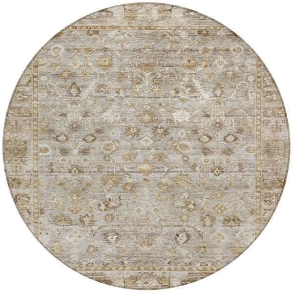HomeRoots 8' Elegant Taupe Brown & Ivory Round Oriental Washable Rug for Indoor/Outdoor Spaces, Durable Design 620541