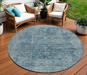 HomeRoots 8' Blue and Gray Round Abstract Area Rug - Washable, Durable, Stylish for Indoor & Outdoor Spaces 620553