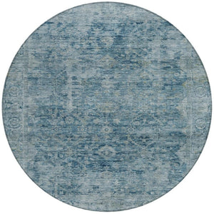 HomeRoots 8' Blue and Gray Round Abstract Area Rug - Washable, Durable, Stylish for Indoor & Outdoor Spaces 620553
