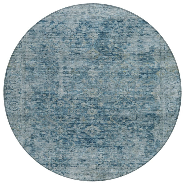 HomeRoots 8' Blue and Gray Round Abstract Area Rug - Washable, Durable, Stylish for Indoor & Outdoor Spaces 620553