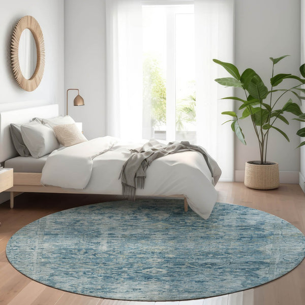 HomeRoots 8' Blue and Gray Round Abstract Area Rug - Washable, Durable, Stylish for Indoor & Outdoor Spaces 620553