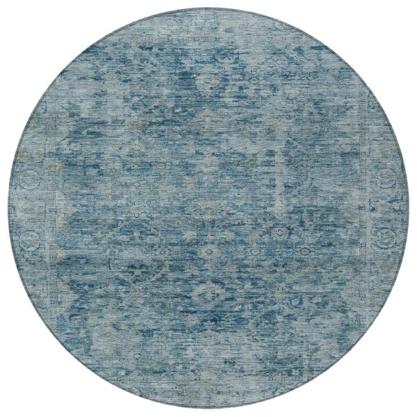 HomeRoots 8' Blue and Gray Round Abstract Area Rug - Washable, Durable, Stylish for Indoor & Outdoor Spaces 620553