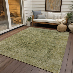 HomeRoots 5' Green and Gold Abstract Area Rug - Washable, Durable, Indoor/Outdoor, Perfect for High-Traffic Spaces 620558