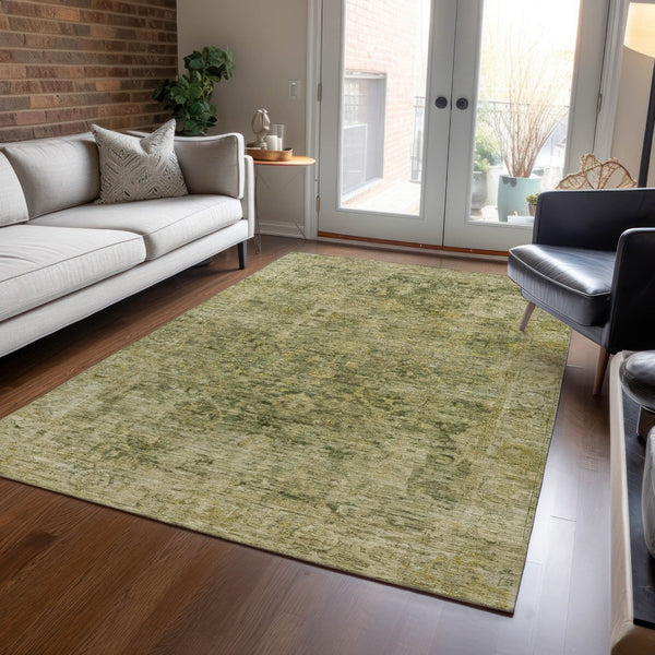 HomeRoots 5' Green and Gold Abstract Area Rug - Washable, Durable, Indoor/Outdoor, Perfect for High-Traffic Spaces 620558