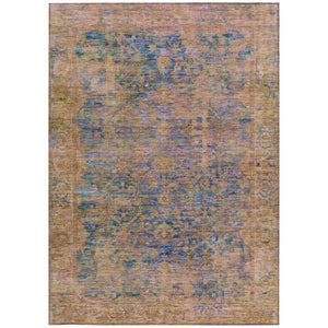 HomeRoots 5' Navy Blue and Gold Abstract Area Rug - Washable, Durable, Indoor/Outdoor, Modern Design for Any Space 620570