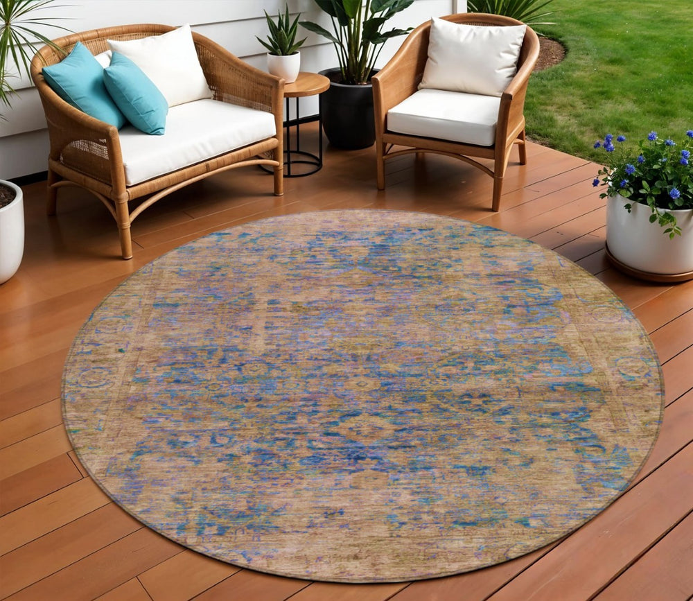 HomeRoots 8' Navy Blue and Gold Round Abstract Rug – Stylish, Washable Design for Indoor & Outdoor Spaces! 620571