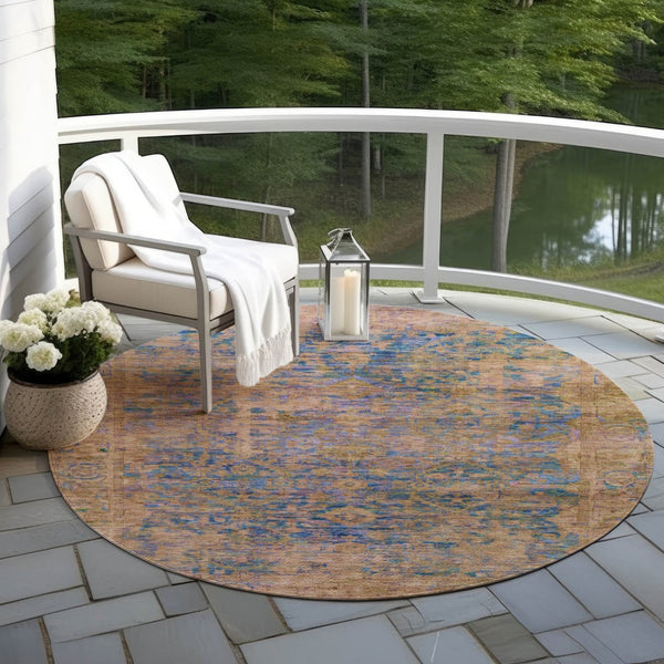 HomeRoots 8' Navy Blue and Gold Round Abstract Rug – Stylish, Washable Design for Indoor & Outdoor Spaces! 620571