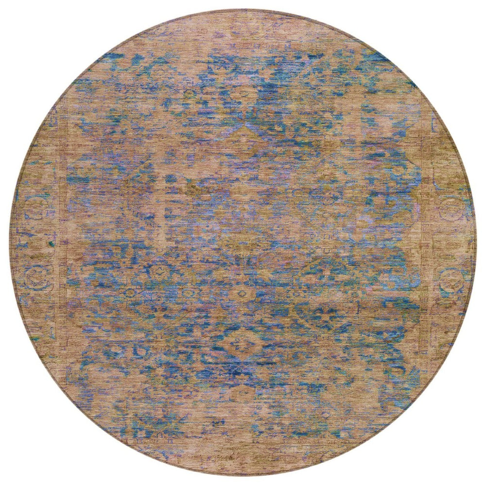 HomeRoots 8' Navy Blue and Gold Round Abstract Rug – Stylish, Washable Design for Indoor & Outdoor Spaces! 620571