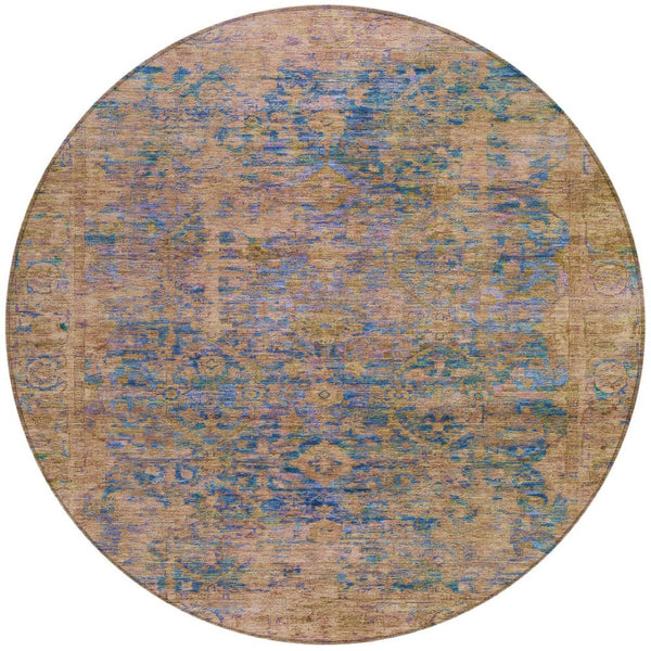HomeRoots 8' Navy Blue and Gold Round Abstract Rug – Stylish, Washable Design for Indoor & Outdoor Spaces! 620571