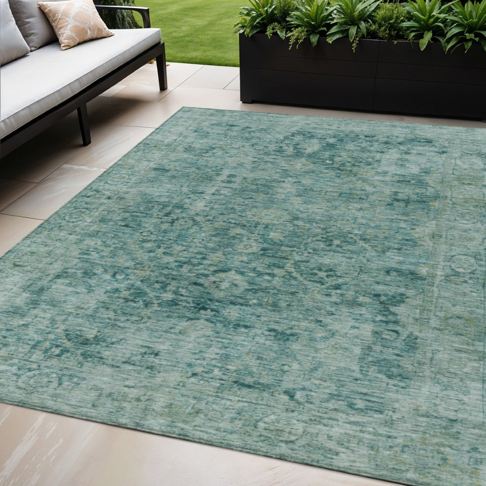 HomeRoots 5' X 8' Teal Blue & Olive Green Abstract Area Rug - Washable, Durable, Perfect for Indoor/Outdoor Spaces! 620576