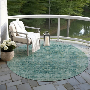 HomeRoots 8' Teal Blue and Olive Green Round Area Rug - Stylish, Washable, Durable for Indoor & Outdoor Spaces 620577